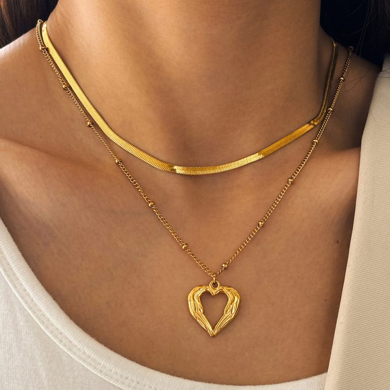 Women Layered Necklace Double Chain Herringbone Snake Chain Bead Chain Angel Wing Hollow Heart Pendant Necklace Gold Silver Tone Stainless Steel Fashion Daily Jewelry Gift