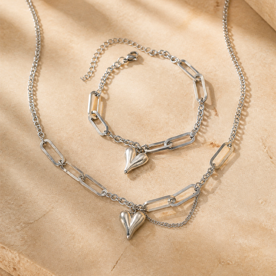 2Pcs Women Jewelry Set Mixed Paperclip Chain 3D Puffy Heart Pendant Necklace Bracelet Set Stainless Steel Gold Silver Tone Fashion Party Gift Jewelry - Image 5