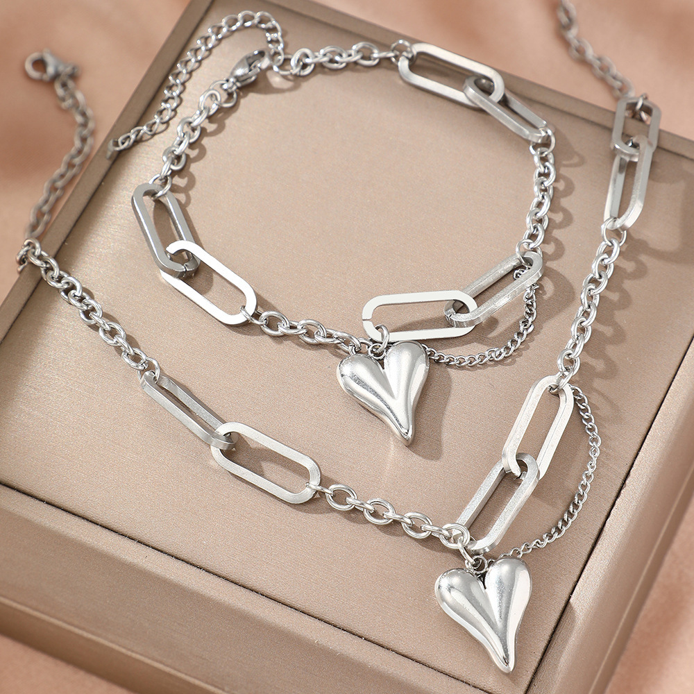 2Pcs Women Jewelry Set Mixed Paperclip Chain 3D Puffy Heart Pendant Necklace Bracelet Set Stainless Steel Gold Silver Tone Fashion Party Gift Jewelry - Image 8