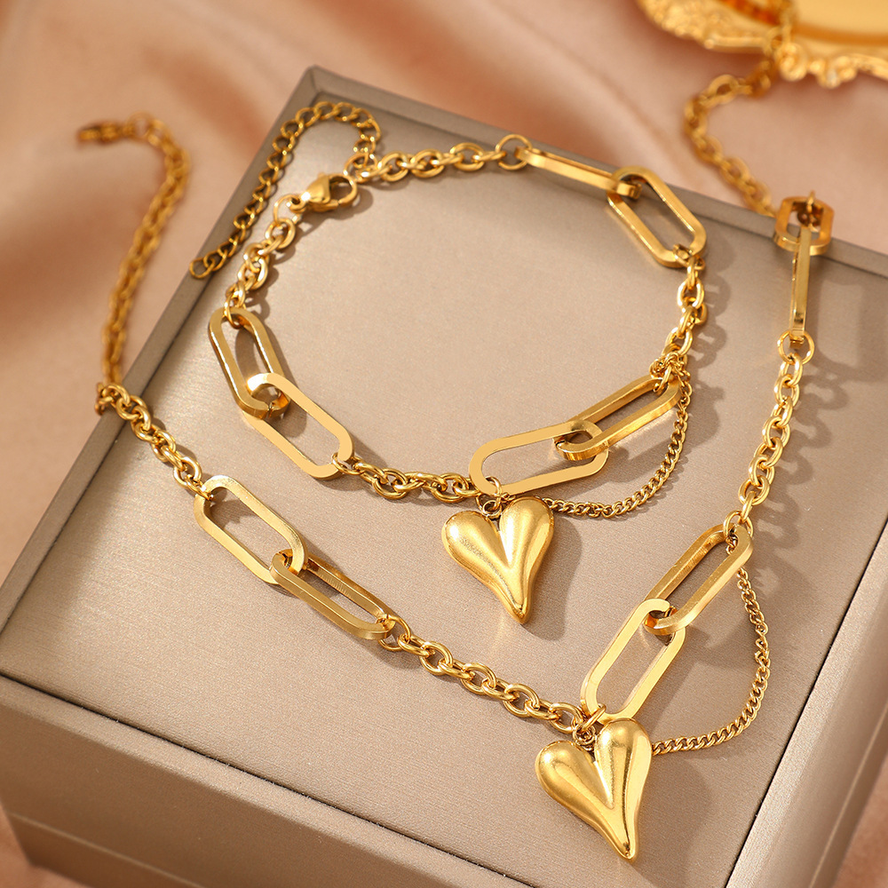 2Pcs Women Jewelry Set Mixed Paperclip Chain 3D Puffy Heart Pendant Necklace Bracelet Set Stainless Steel Gold Silver Tone Fashion Party Gift Jewelry - Image 9