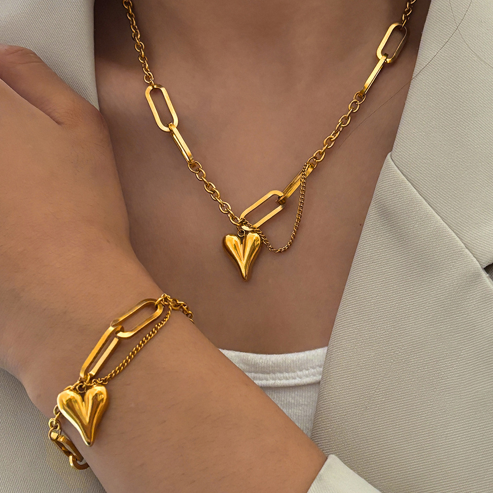 2Pcs Women Jewelry Set Mixed Paperclip Chain 3D Puffy Heart Pendant Necklace Bracelet Set Stainless Steel Gold Silver Tone Fashion Party Gift Jewelry