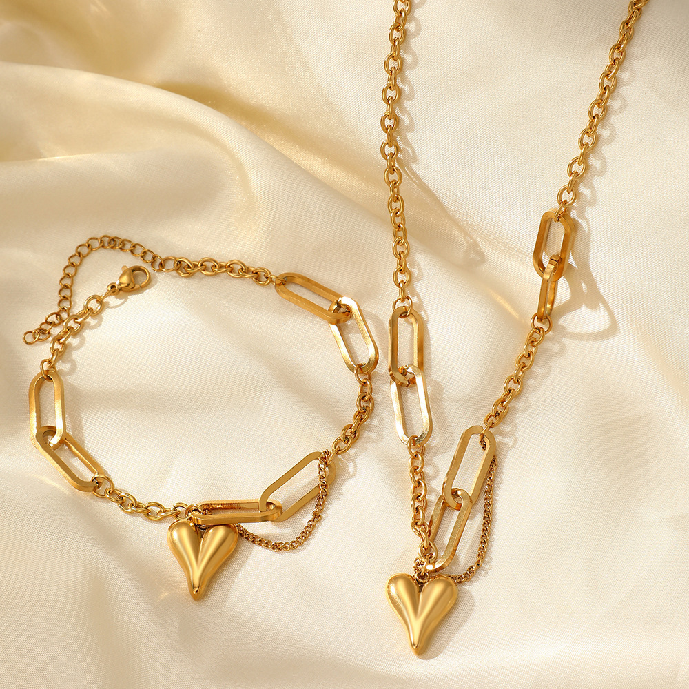 2Pcs Women Jewelry Set Mixed Paperclip Chain 3D Puffy Heart Pendant Necklace Bracelet Set Stainless Steel Gold Silver Tone Fashion Party Gift Jewelry - Image 4